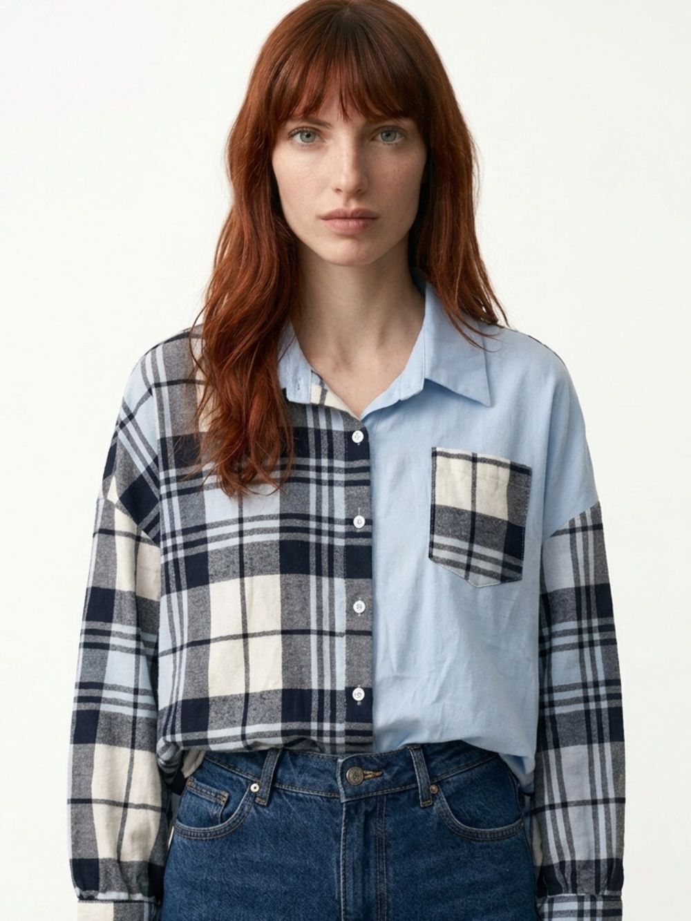 SHEIN | Plaid and Solid Colorblock Button-Up Shirt Women’s Size Large